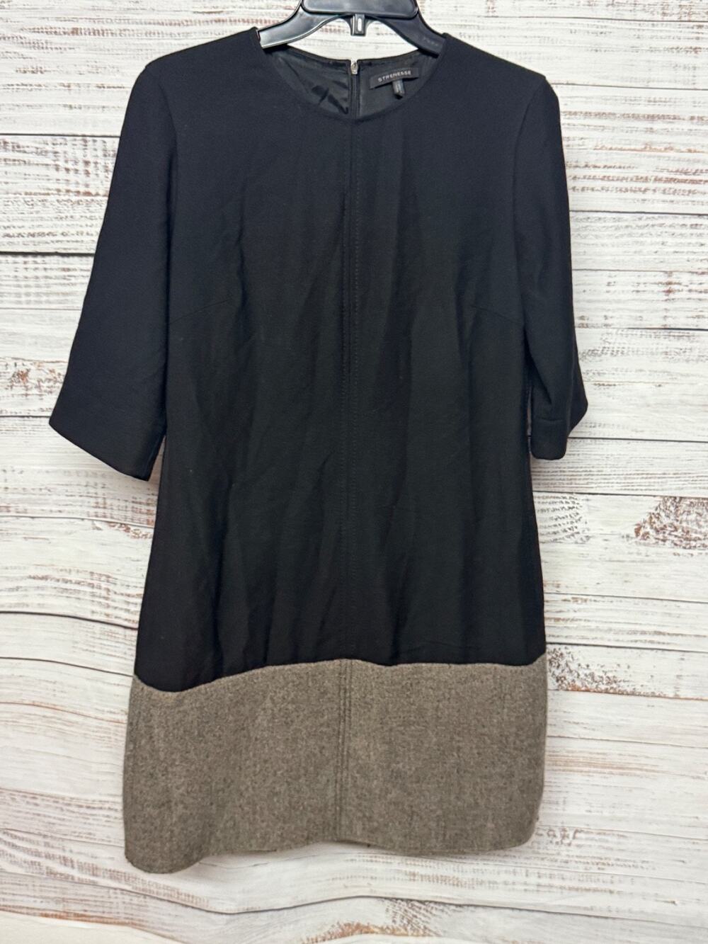 Strenesse Wool Knit Round Neck Short Sleeve Dress Black Brown Herringbone Size 8